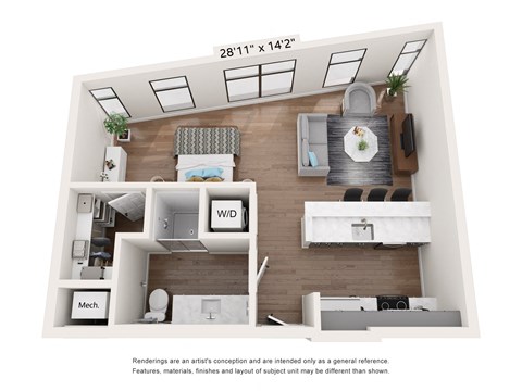 a stylized floor plan with a bedroom and a living room